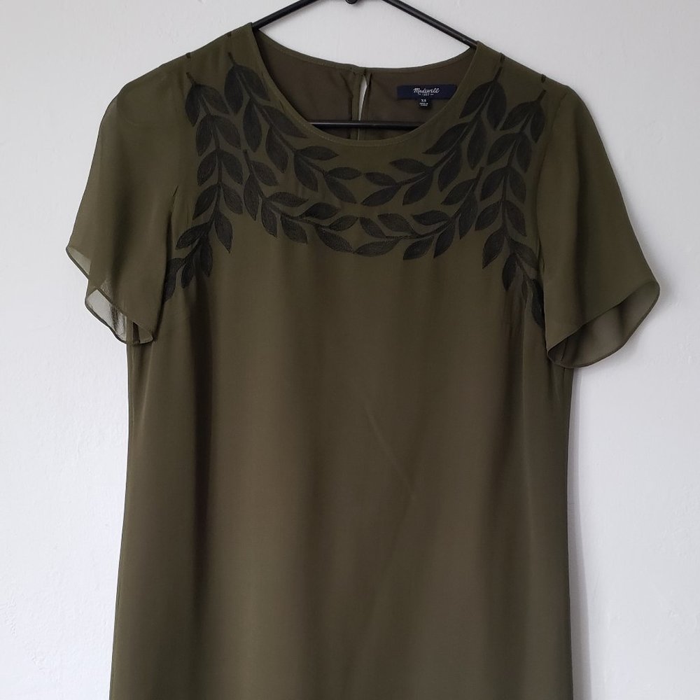 Green silk ivy embroidered Madewell dress